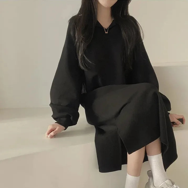 Korean Style Pure Color Fleece-Lined Loose Long Dress – Plus Size Women’s Sweet & Comfortable Spring, Autumn, Winter Dress