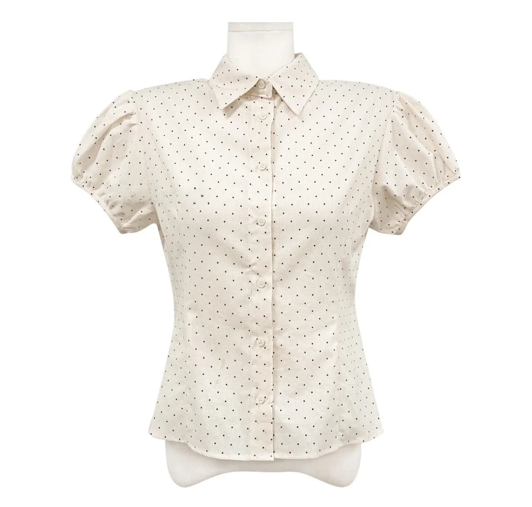 Sweet Korean Style Polka Dot Short Sleeve Blouse | Women’s Slim Fit Summer Top with Bubble Sleeves