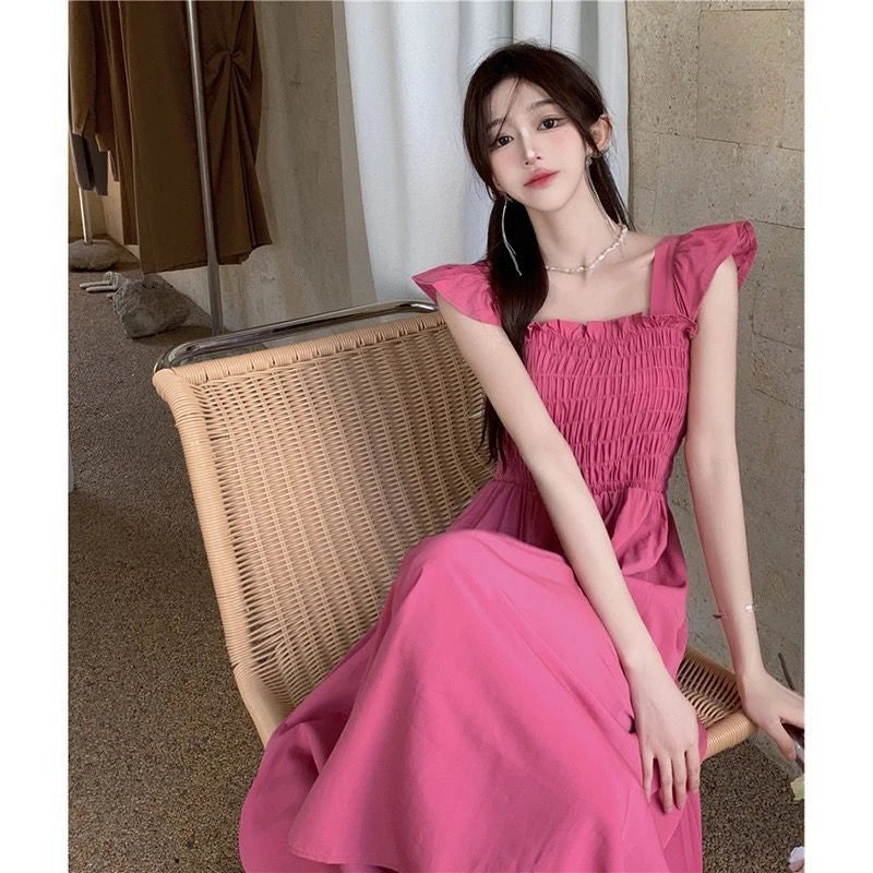 ☀️ Summer 2025 Elegant Hepburn-Style Tea Break Midi Dress 👗 Gathered Waist, Short Sleeve, Square Collar Pleated A-Line Dress 🌸