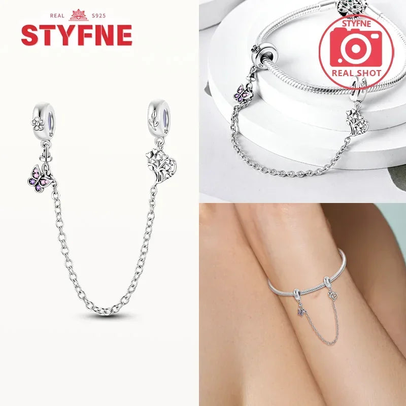 S925 Silver Cute Cat Heart Bead Safety Chain Fit Original Bracelet