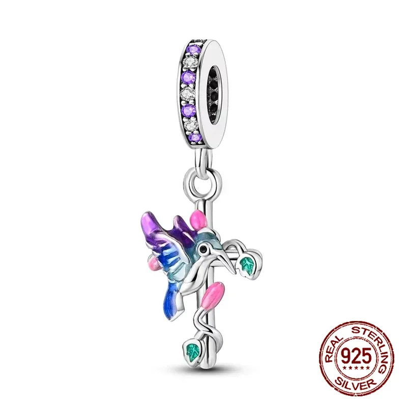 925 Sterling Silver Purple Flower & Butterfly Dangle Charm | Bead for 4MM Bracelet or Necklace DIY Jewelry Gift