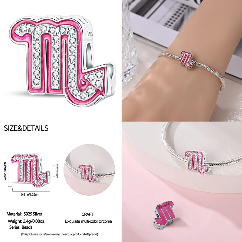 925 Sterling Silver Pink Zircon 12 Zodiac Signs Charms | Fit Original Pandora Bracelets DIY Jewelry Gift for Women