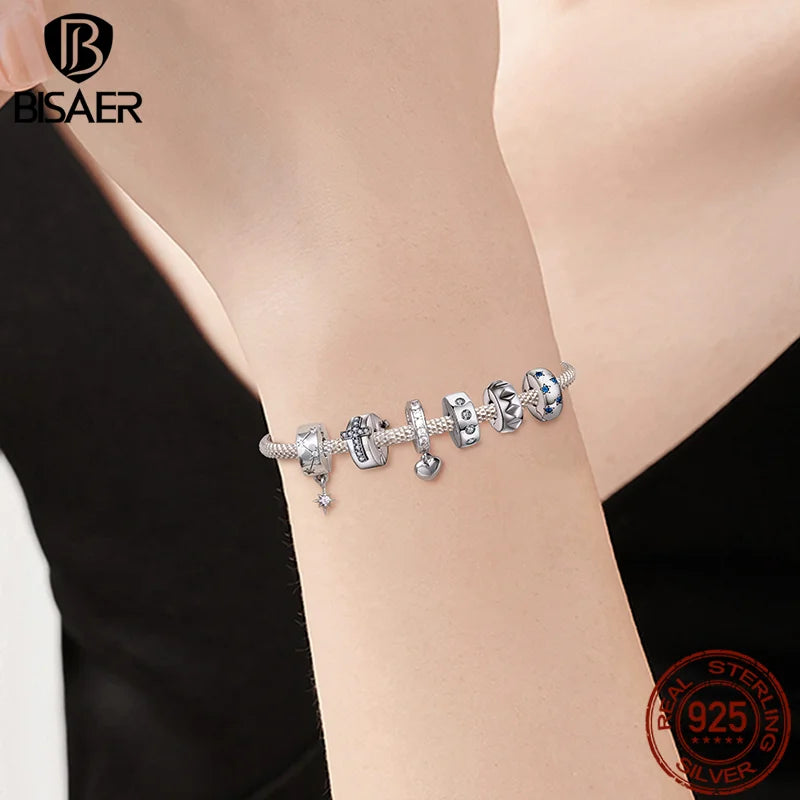 BISAER 925 Sterling Silver Clip Spacer Charm – Star & Cross Stopper Bead Fit Pandora Bracelet DIY Women’s Jewelry