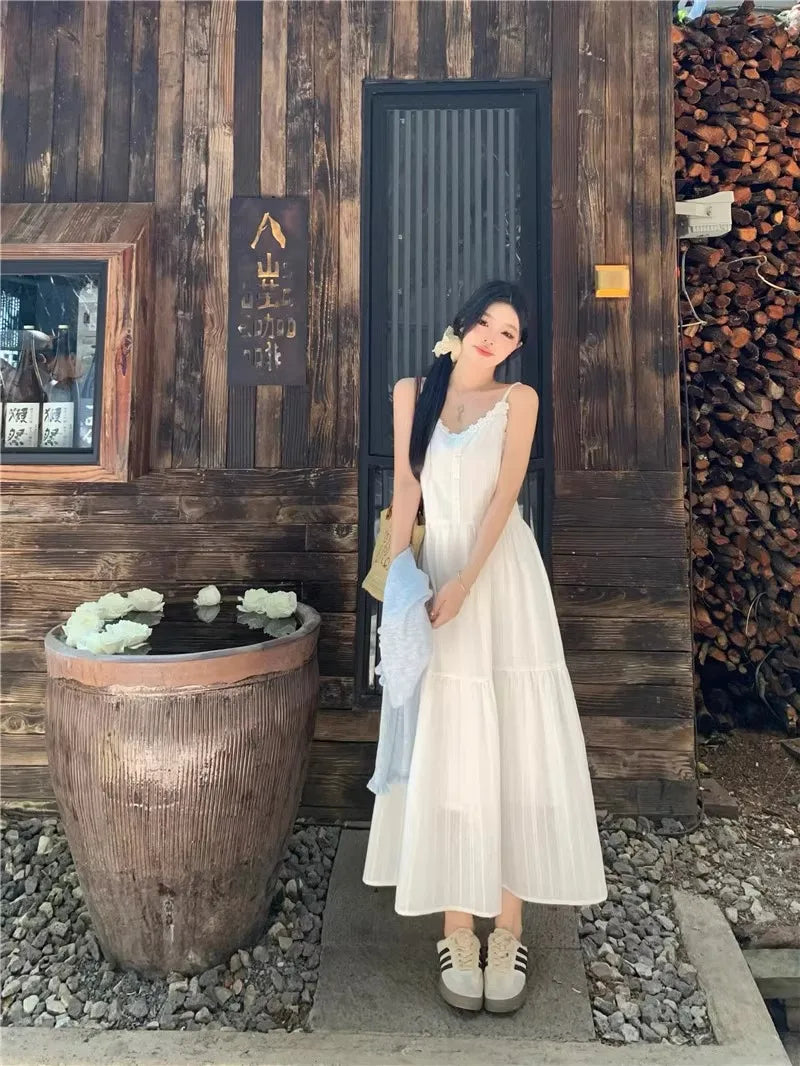 Summer 2025 Women’s Pure Cotton White Strap Dress with Long Sleeve Ice Silk Knitted Sun Protection Cardigan Set – Elegant Fashion