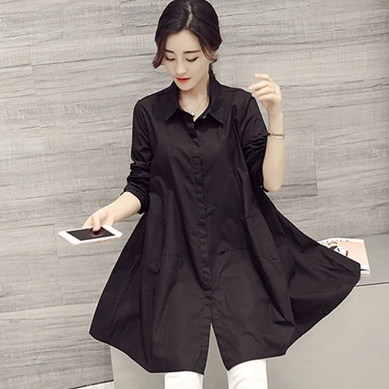 Oversized Shirts & Blouses Women – Korean Fashion 2023 Spring Summer Loose Long Sleeve White Midi Blouse 👕✨