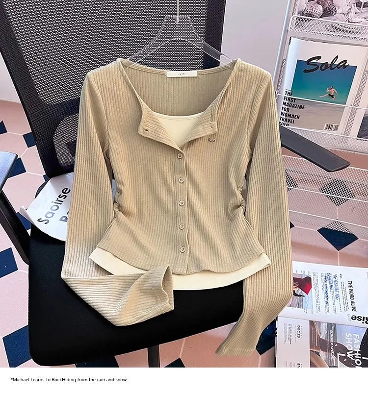 Korean Style Slim Fit Long Sleeve V-Neck Top 👚 Spicy Girl Fake Two-Piece Design ✨ Commute Fashion Women's T-Shirt 🌟