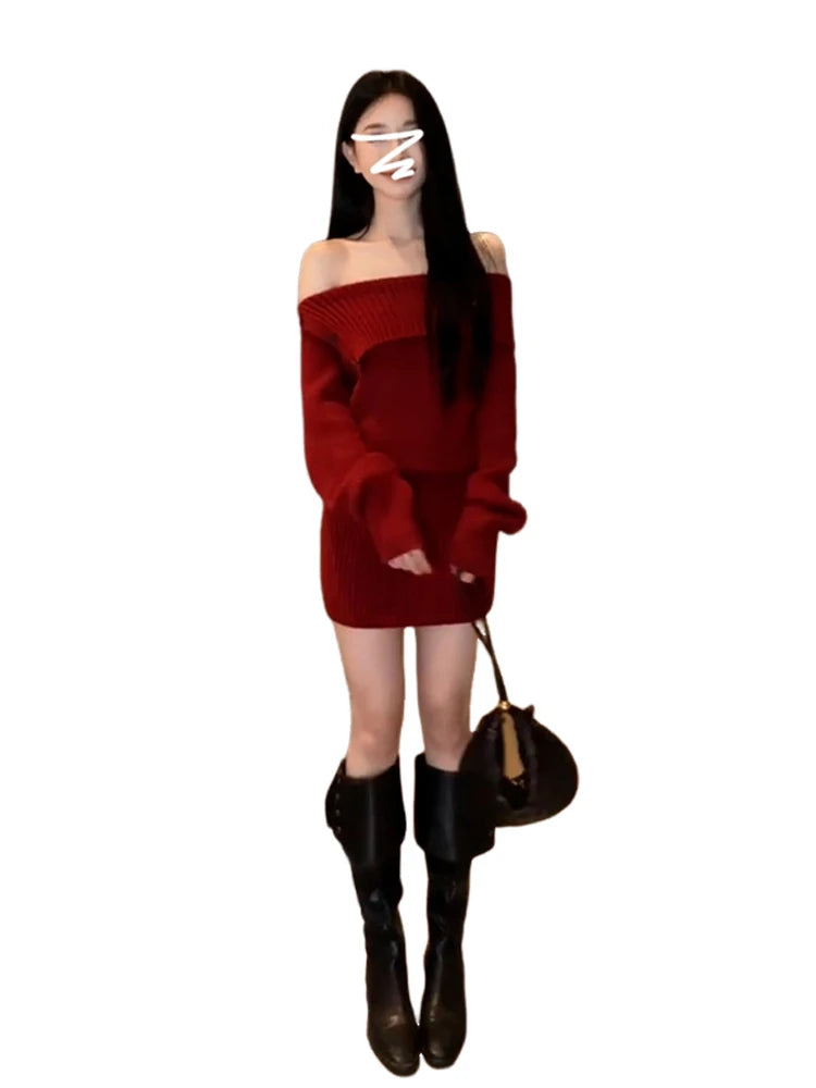 Early Autumn Red Wrap Bodycon Dress for Women 2025 – Knitted Pure Color Slim Fit Waist Dress