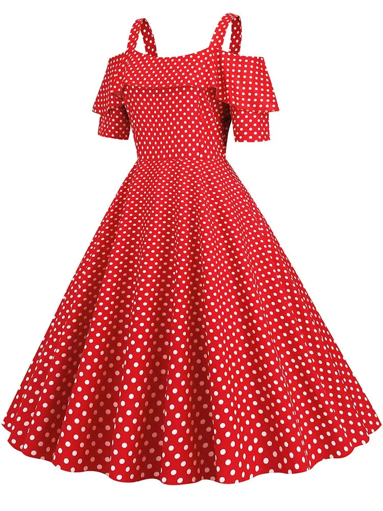 Off-Shoulder Elegant Vintage Party Dress – Women’s Summer Polka Dot Ruffles A-Line Midi Dress