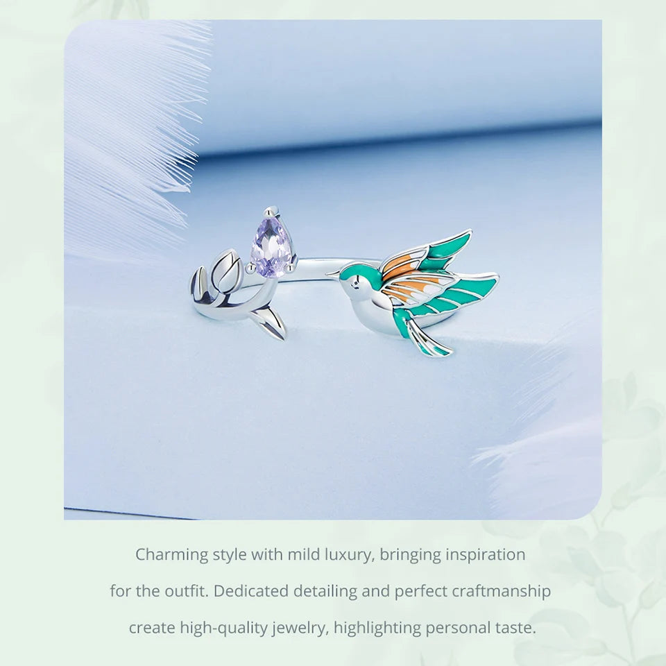 BISAER 925 Sterling Silver Floral Bird Open Ring | Adjustable White Gold Plated Flower Band for Women – Fine Party Jewelry