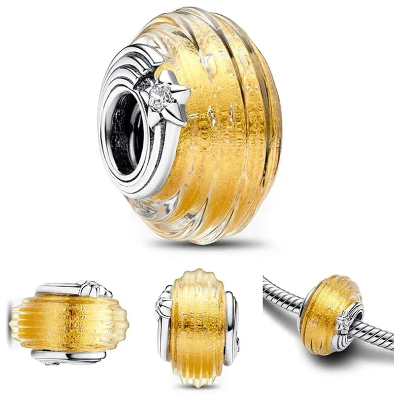 925 Sterling Silver Murano Glass Galaxy & Clover Heart Beads | Fit Pandora Bracelet DIY Jewelry Gift for Mum