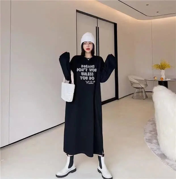 Lazy Person's Winter Sweatshirt Dress ❄️ Loose Casual Home & Outdoor Wear 👗 Personalized Letter Design 🌟
