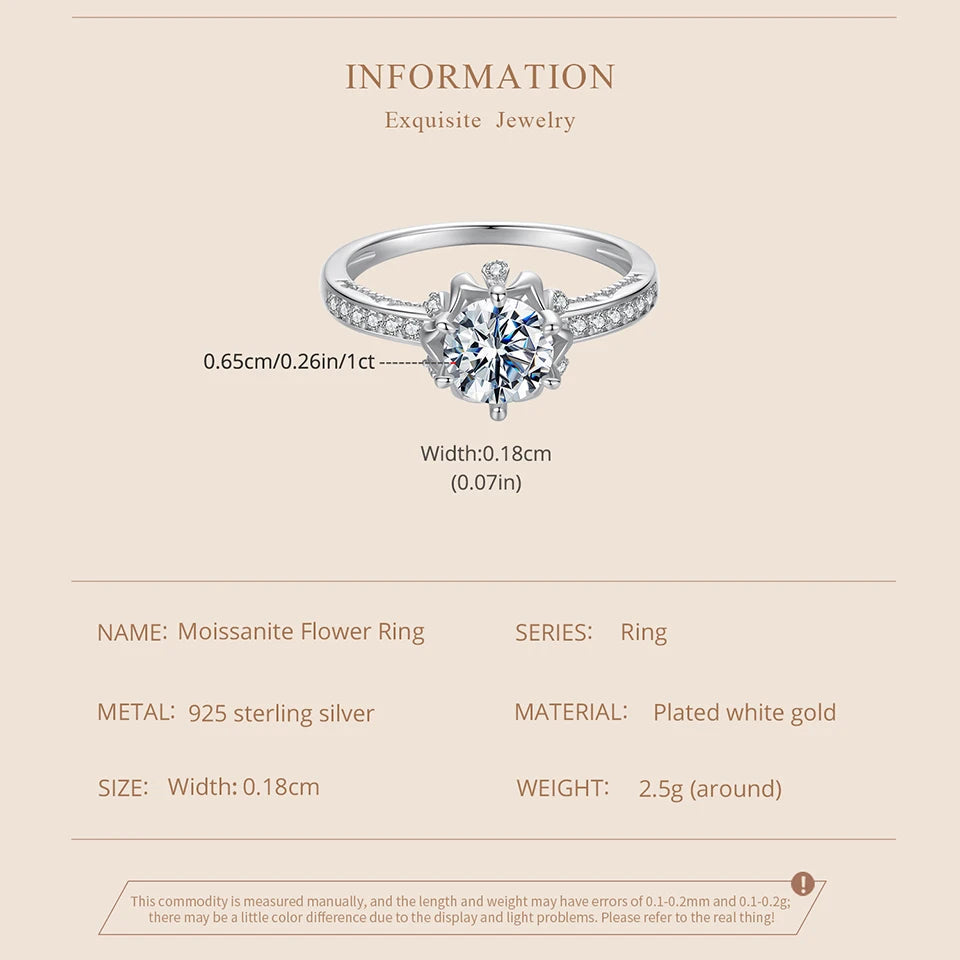 BAMOER 1ct D Color VVS1 Moissanite Flower Ring – 925 Sterling Silver Solitaire Engagement Ring for Women