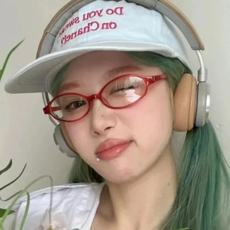 Retro Oval Glasses for Women & Girls – Y2K Red Green Frame Decorative Eyewear | Anti-Blue Light Computer Glasses for Seaside & Driving