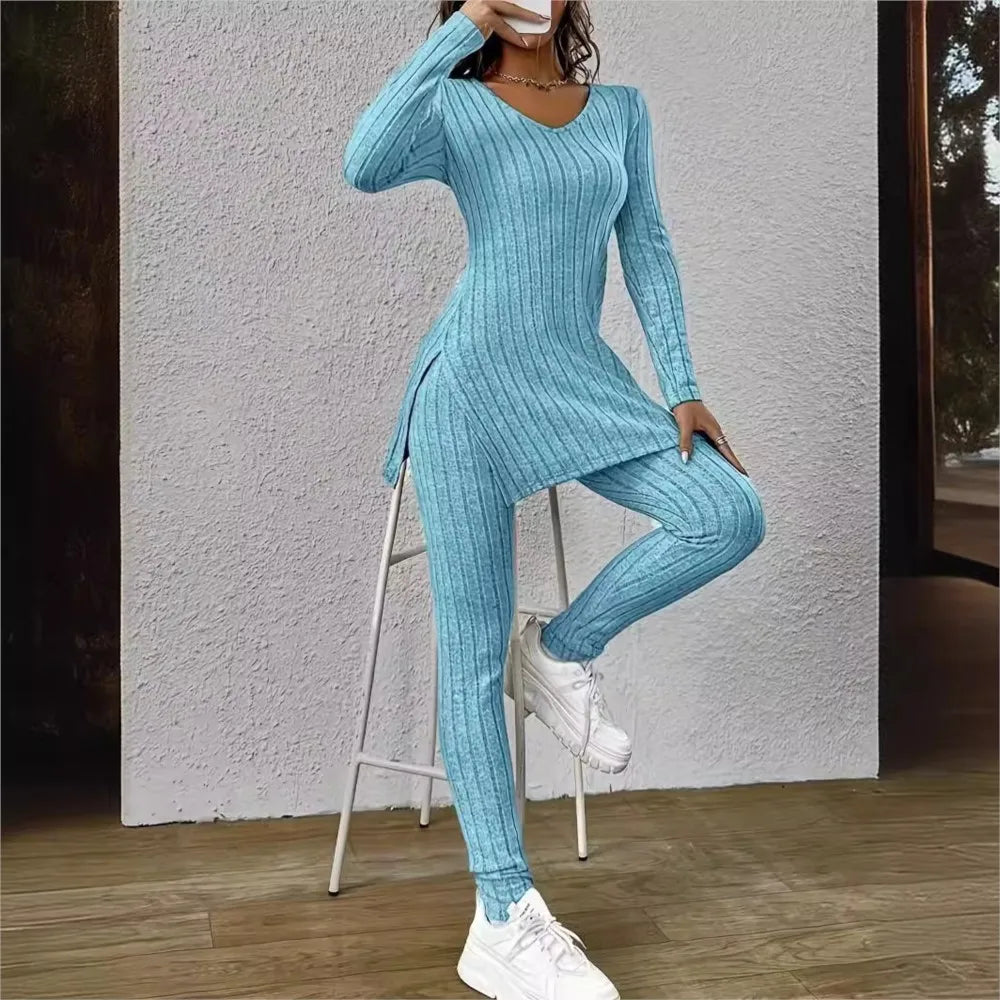 Women’s Knitted 2-Piece Set 🌸 V-Neck Pullover & Trousers Spring/Autumn ✨