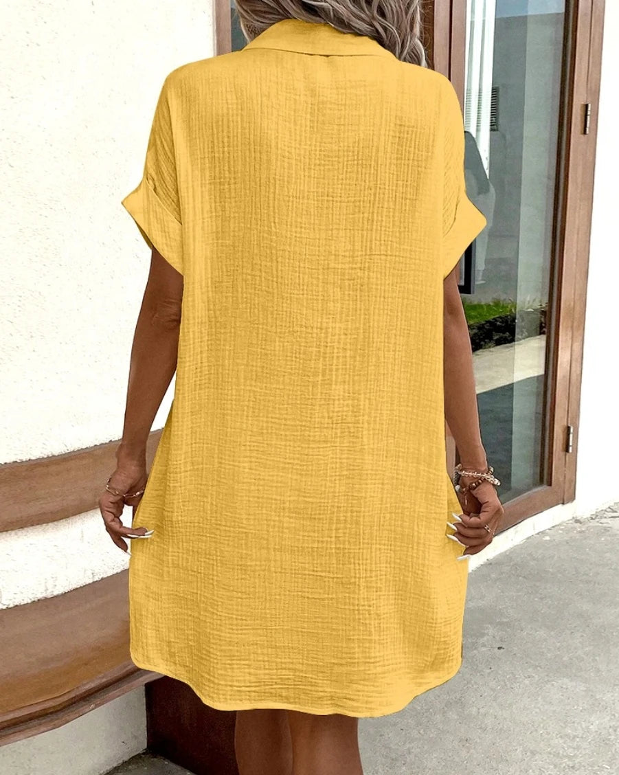 Vintage Women’s Solid Mini Dress – Summer V-Neck Three-Quarter Sleeve Cotton Linen Casual Dress