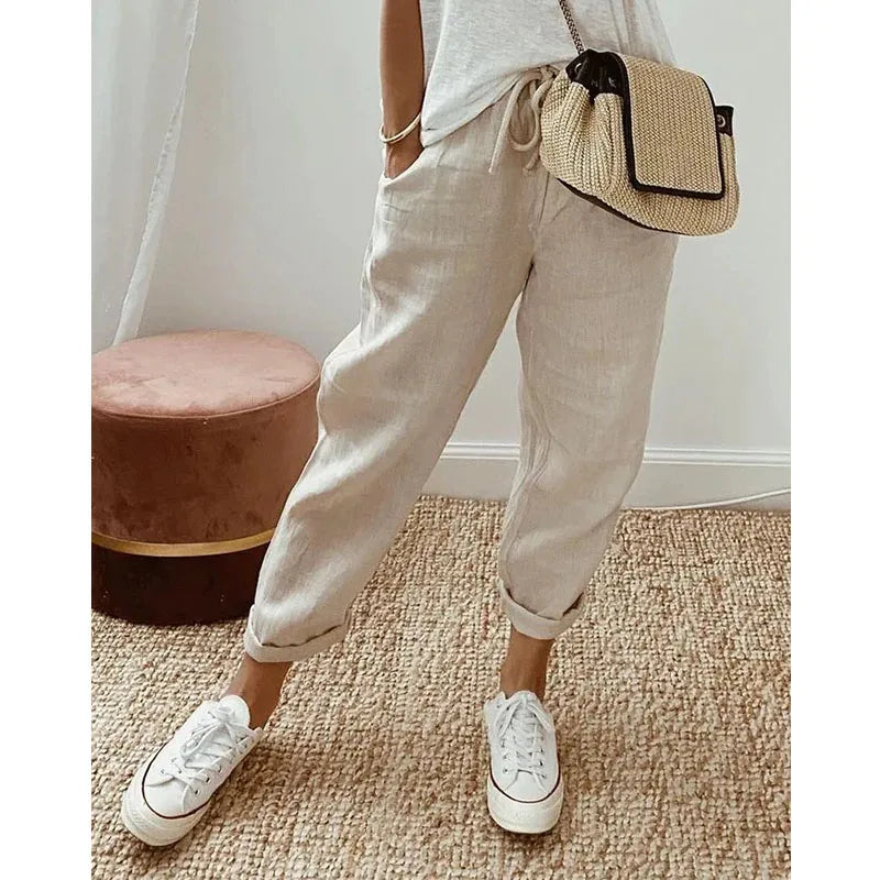 Women’s Casual Solid Color Pants – Drawstring Elastic Waist Trousers with Pockets | Lounge Fashion Straight Pants