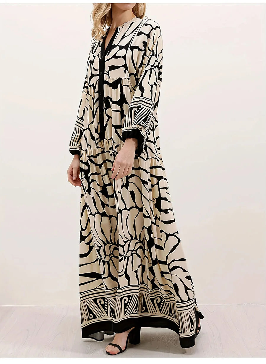 Elegant Long Sleeve V-Neck Loose Maxi Dress for Women | 2025 Autumn Middle East Fashion Casual Long Dress