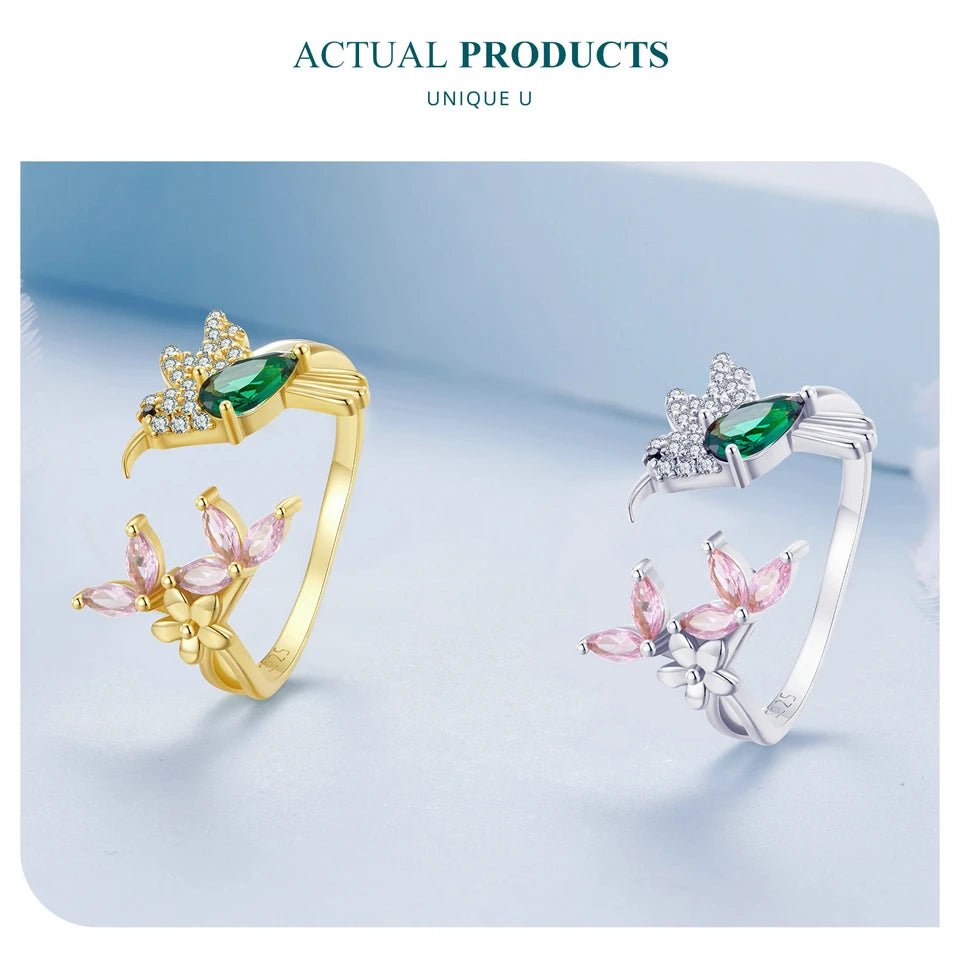 BISAER 925 Sterling Silver Floral Bird Open Ring | Adjustable White Gold Plated Flower Band for Women – Fine Party Jewelry