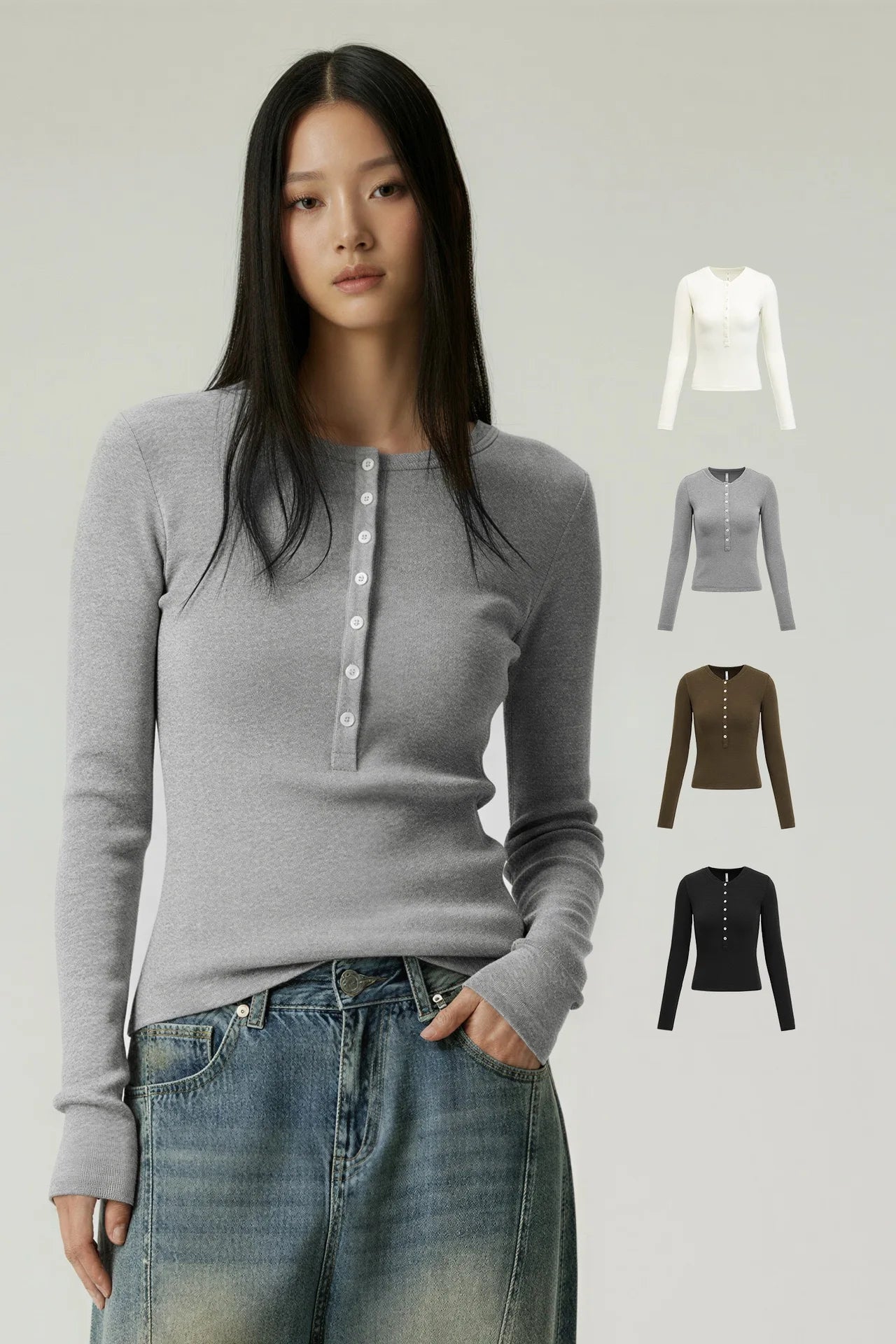 Women’s Casual Henley Neck Long Sleeve T-Shirt – Minimalist Solid Skinny Lenzing Lyocell Top