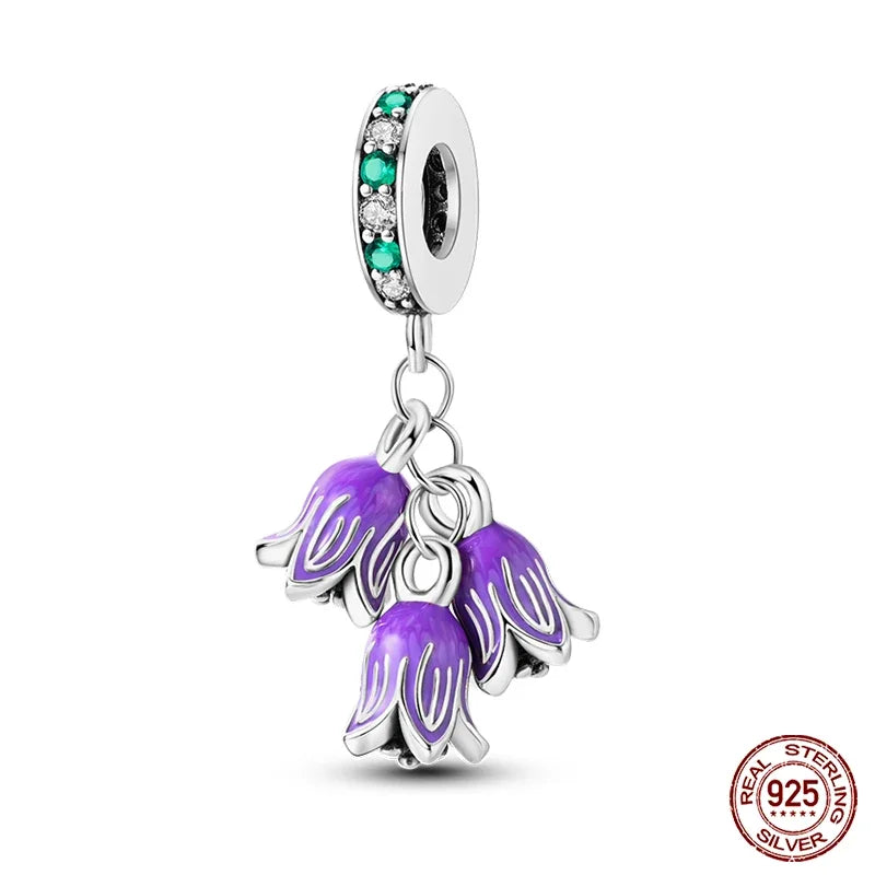 925 Sterling Silver Purple Flower & Butterfly Dangle Charm | Bead for 4MM Bracelet or Necklace DIY Jewelry Gift