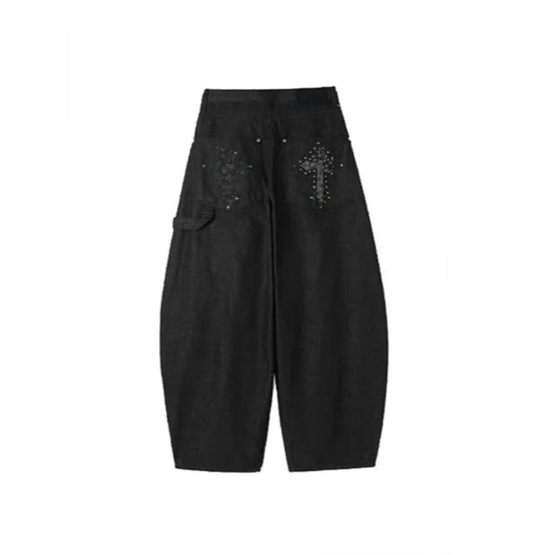 High Waist Wide-Leg Floor-Length Denim Jeans for Women – American Retro Casual Workwear Pants with Beaded Details