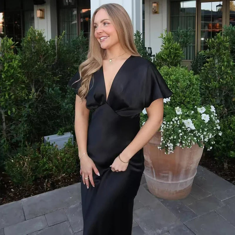 HXAO Midi Satin Dress for Women – Ruffled V-Neck Bat Sleeve Party Dress | Summer 2025 Black, Khaki, Blue Vestido