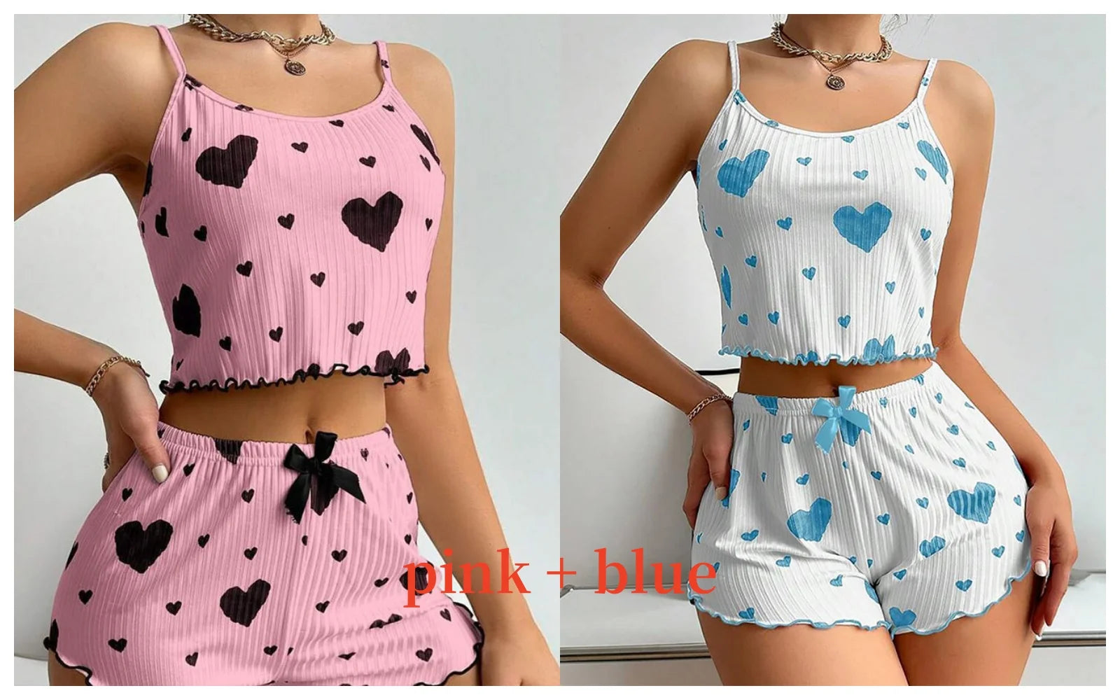 Women’s 2-Piece Pajamas Set – Short Tank Top & Shorts Sleepwear, Soft Casual Ventilated Loungewear with Love Print