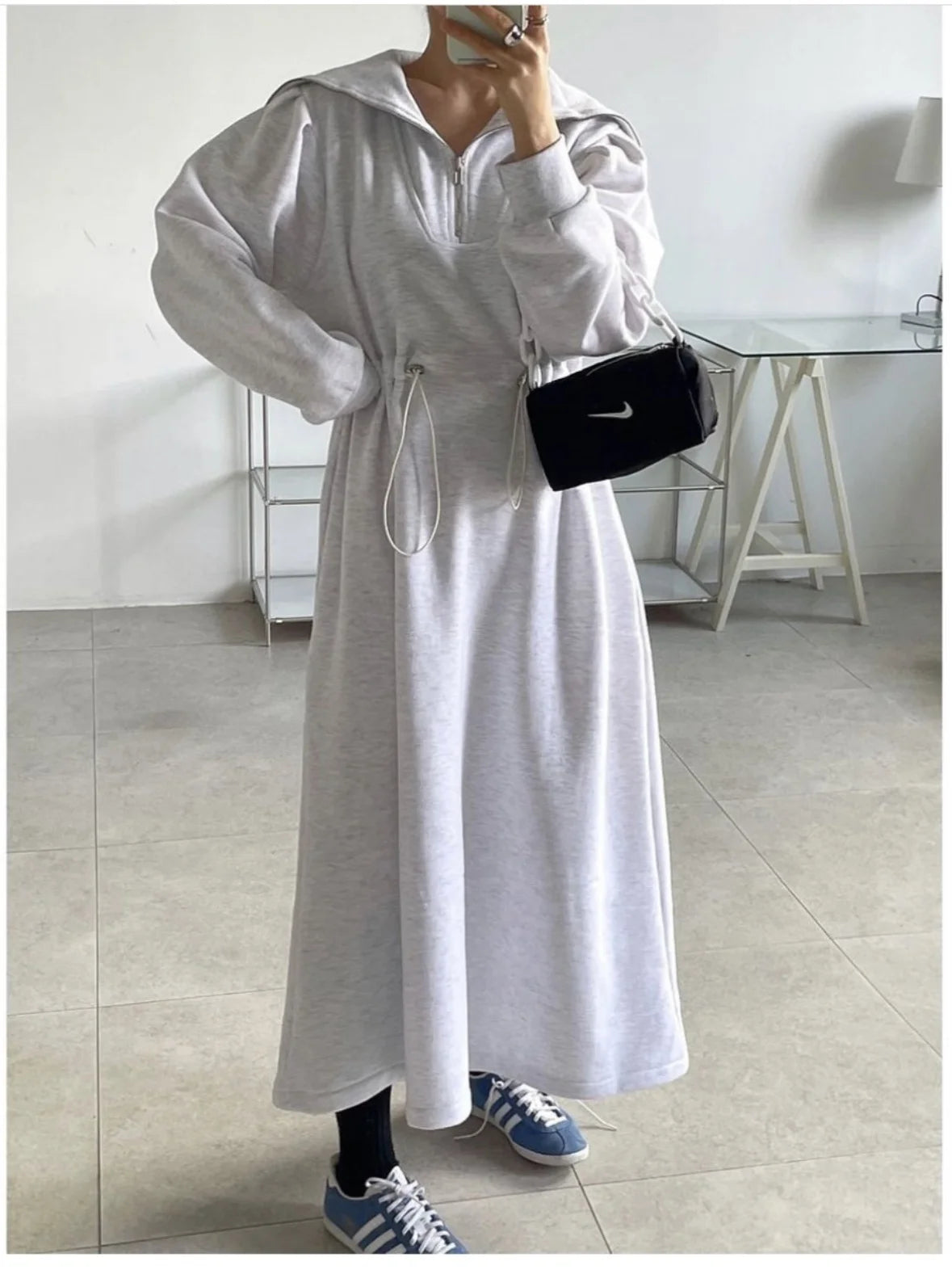 Chic Autumn Long Sve Dstring Waist Slim A-Line Dr Hoodie Women's Faionable Youthful f Open Collar Dr