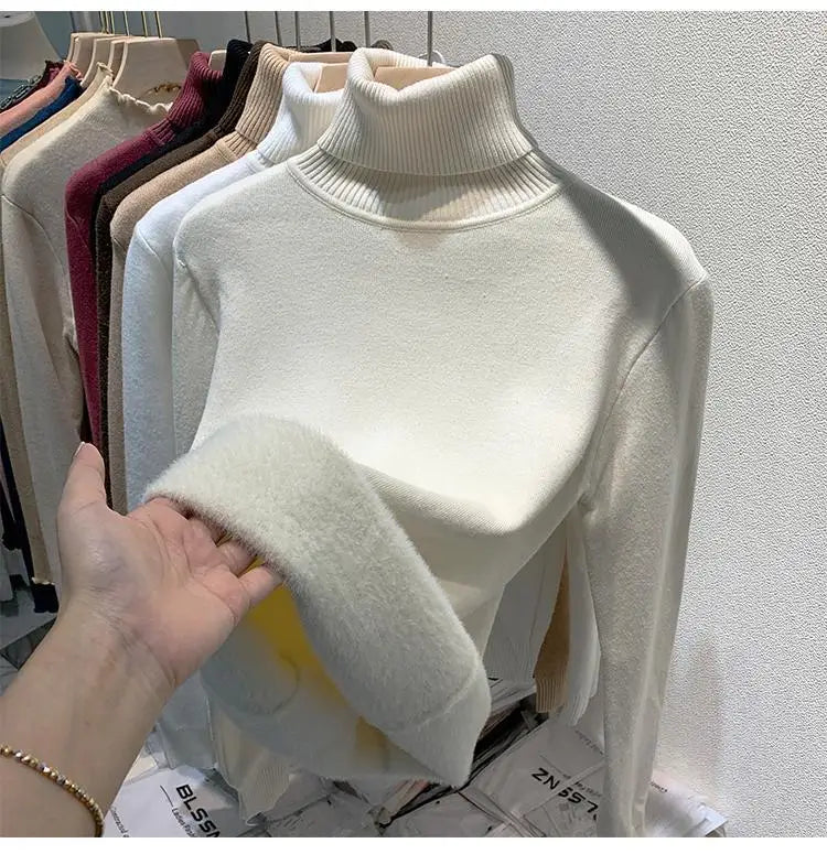 2025 Women’s High Collar Pullover Sweater – Thick Warm Soft Winter Top | Solid Color Bottoming Shirt
