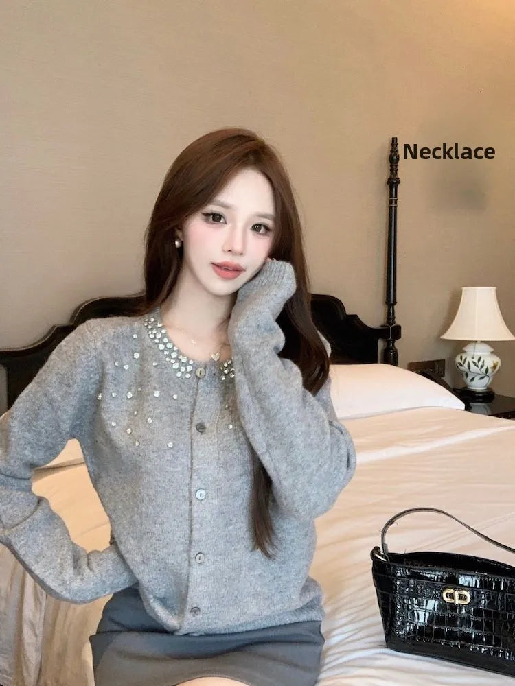 Heavy-Embroidered Diamond Women’s Sweater Cardigan – Soft Cozy Round Neck High-End Outerwear