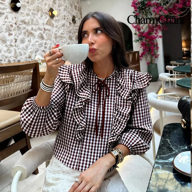 CharmChant Women’s Gingham Cropped Blouse 🌸 Ruffle Tie Neck Top ✨