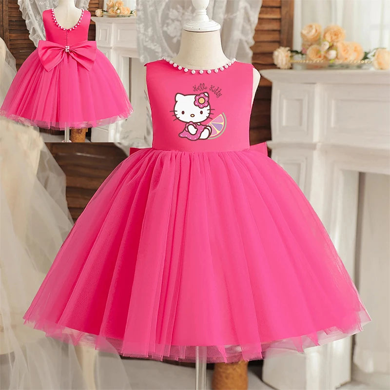 Hello Kitty Kids Pearls Elegant Princess Dress for Girls Backless Bow Baby 1st Birthday Baptism Tutu Gown Wedding Dress