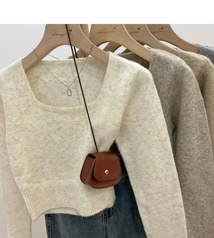 ✨ Soft Short Knitted Sweater Top for Women 🍁 Square Collar Slim Fit | Autumn Winter Inner Base Shirt 👚