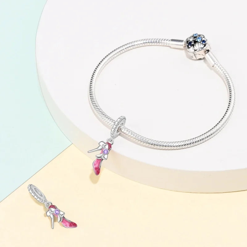 925 Sterling Silver Romantic Princess Charm Beads – Pink Dress, Lipstick & Dancing Shoes Fit 3MM Bracelet