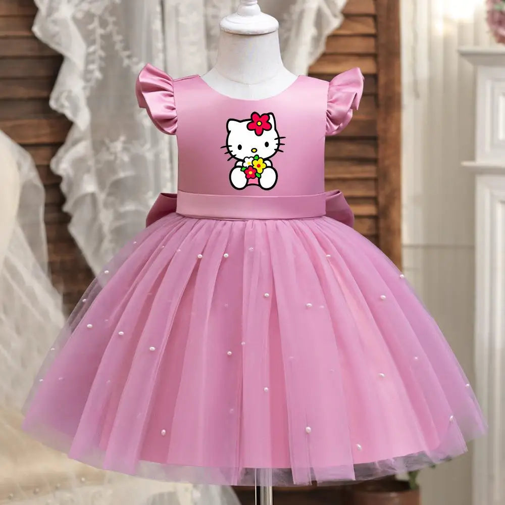 Hello Kitty Girls Pearls Dress – Elegant Princess Wedding Gown, Tulle Birthday Party Dress for Children 3-7Y
