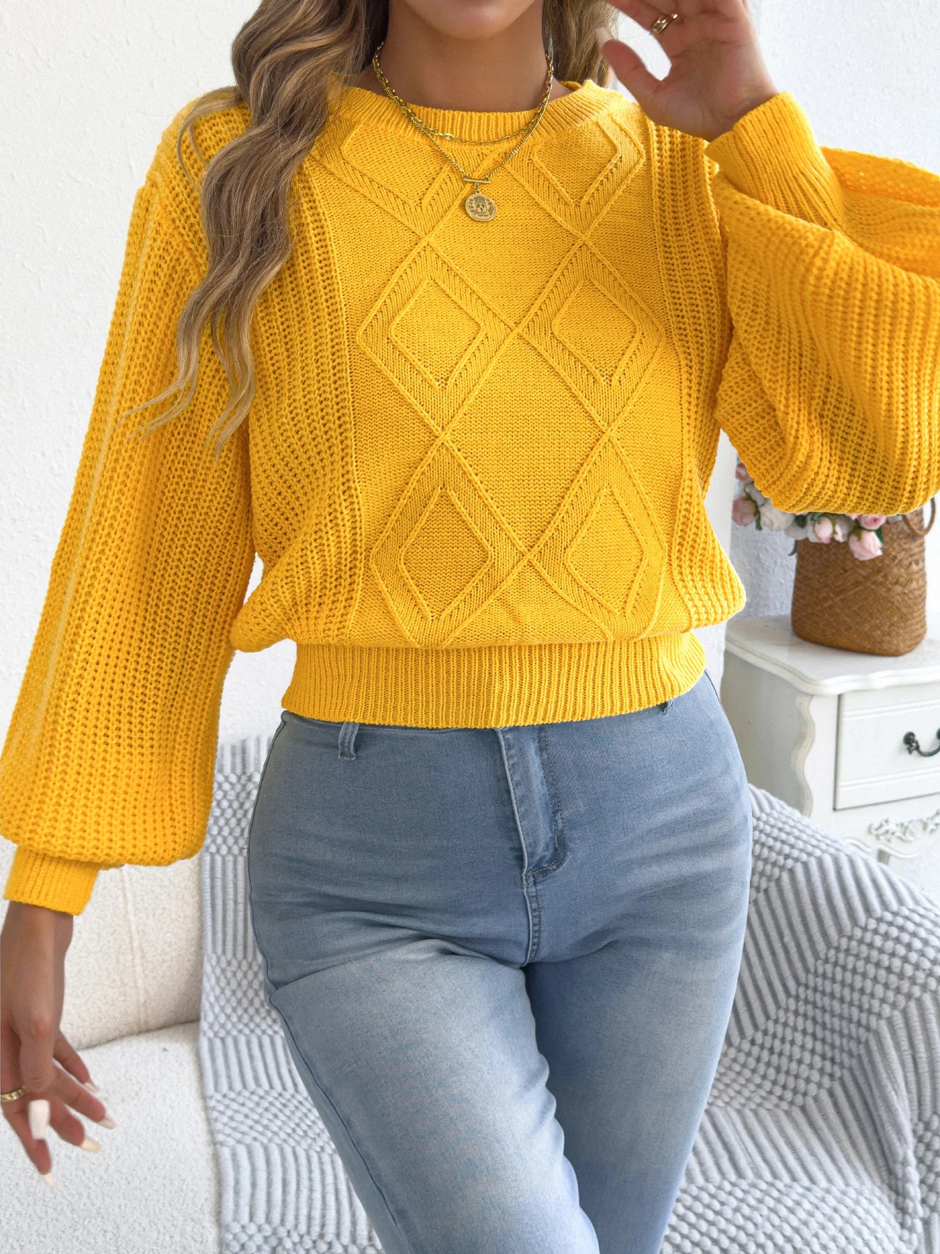 Women’s Round Neck Lantern Sleeve Knitted Sweater – Solid Color Autumn Winter 2025 Knitwear (Yellow, Red, Khaki)