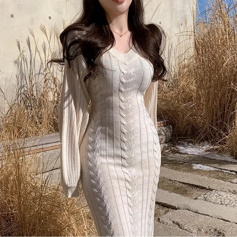 Women's V-Neck Knitted Sweater Bodycon Dress – Autumn Winter Long Lantern Sleeve Slim Fit Fashion Dress