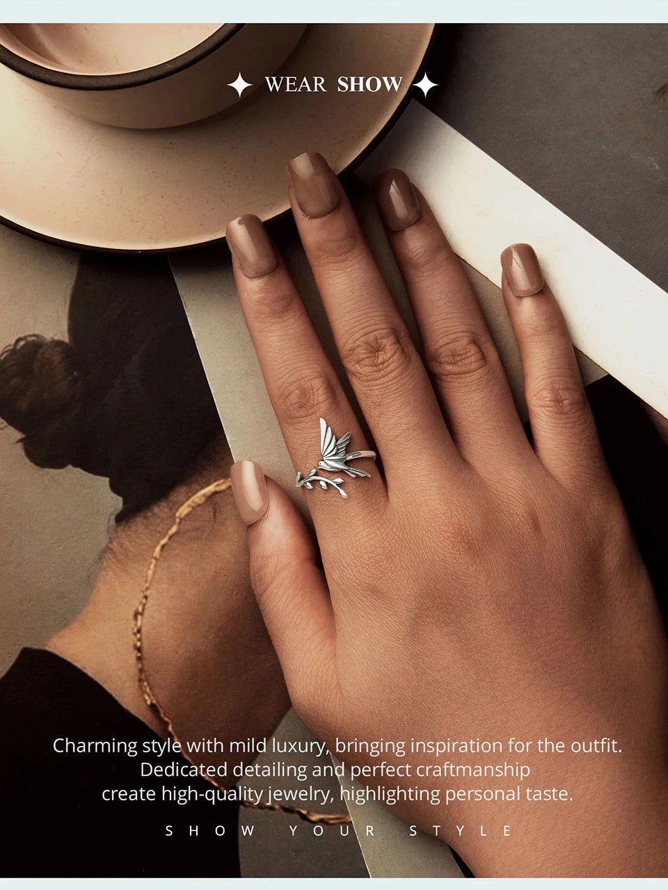 BISAER 925 Sterling Silver Floral Bird Open Ring | Adjustable White Gold Plated Flower Band for Women – Fine Party Jewelry