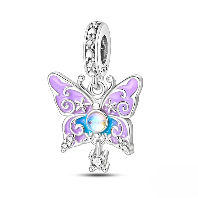 925 Sterling Silver Blue Series Charm | Dragonfly, Butterfly, Bird & Pansy Flower Pendant for 4MM Bracelet