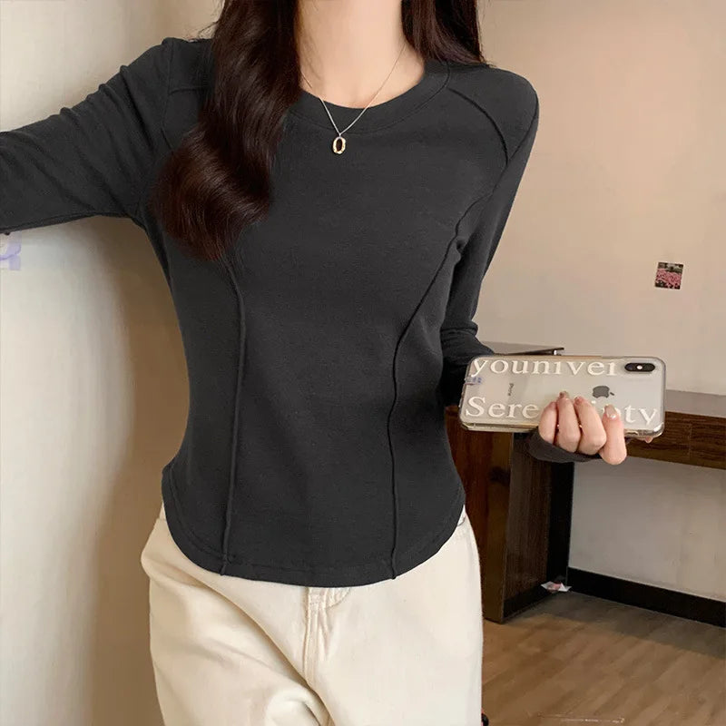 Women's Long Sleeve Velvet Base Shirt 👚 Slim Fit Round Neck T-Shirt ✨ Pure Color Winter Fashionable Top ❄️