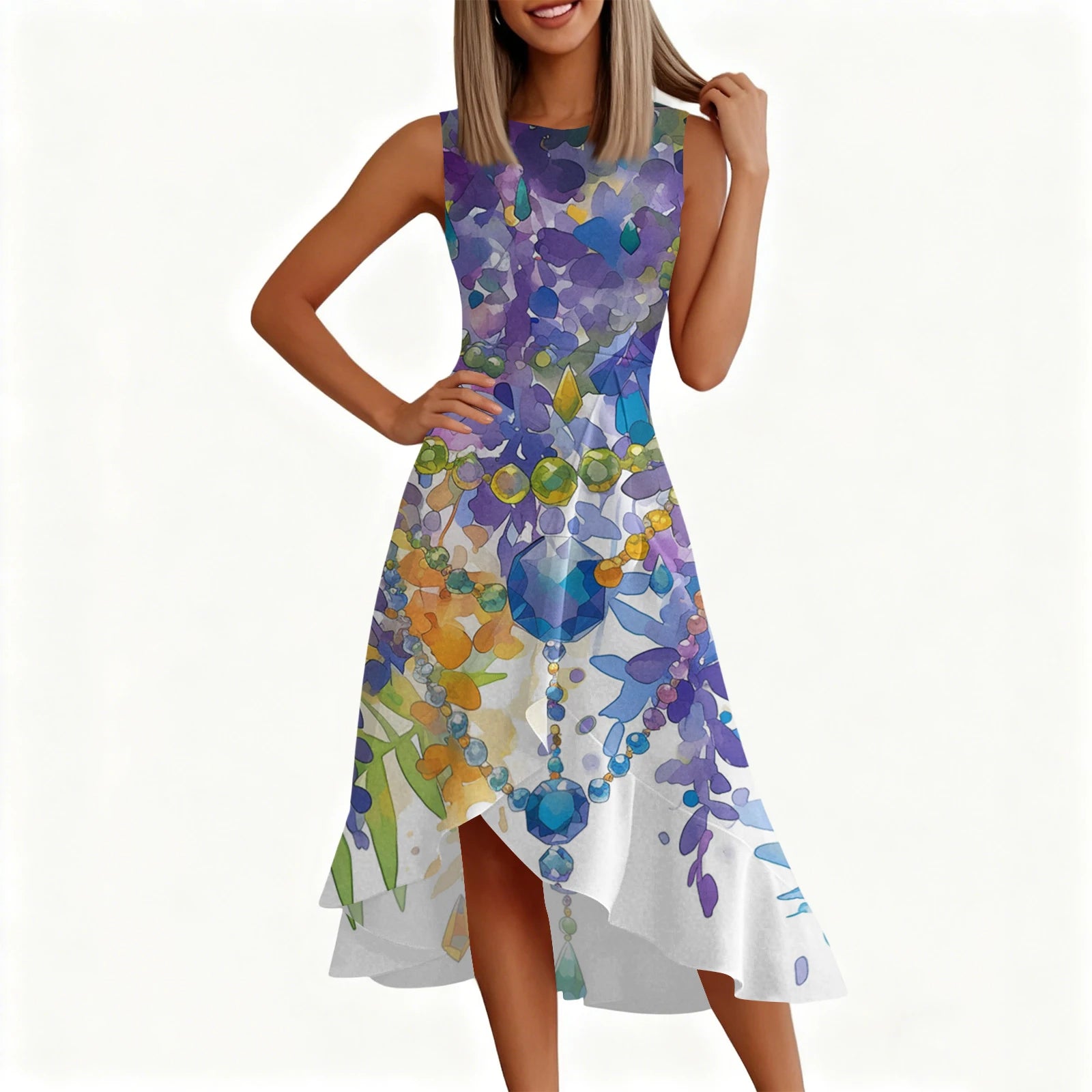 Carnival Women's Dress 🎉 Ruffled Printed Casual Dress 👗 Sleeveless Round Neck Stylish Festival Costume ✨