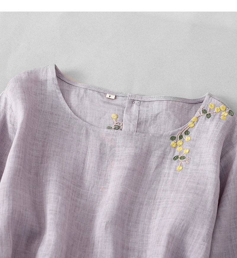 Elegant Embroidered Cotton Linen Long Dress – Women's Loose Waist Slimming Age-Defying Skirt, Spring, Summer & Autumn Fashion