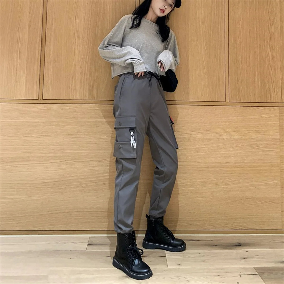 Black Cargo Pants for Women | High Waist Loose Joggers | Korean Hip Hop Streetwear Trousers