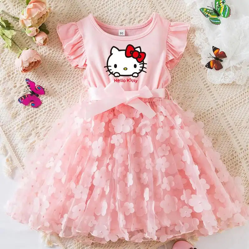 Hello Kitty Girls Tulle Flower Princess Dress | Wedding & Party Tutu Dress | Sleeveless Birthday Gift Outfit
