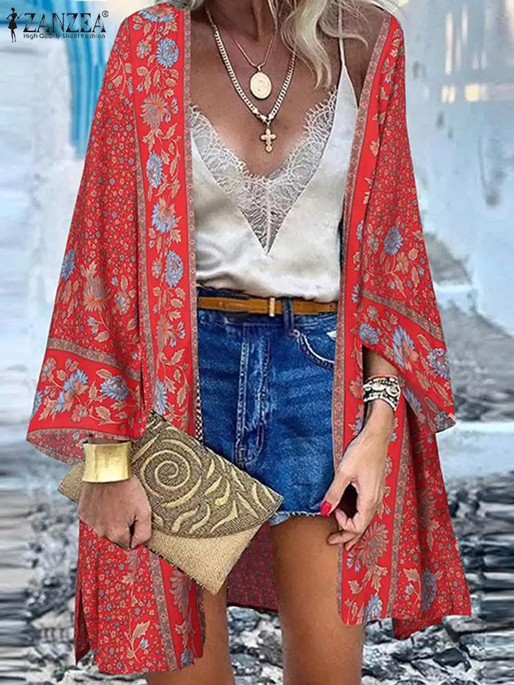 ZANZEA Summer Beach Cardigan Women – Vintage Bohemian Floral Long Sleeve Kimono Cover-Up 🌸🌊