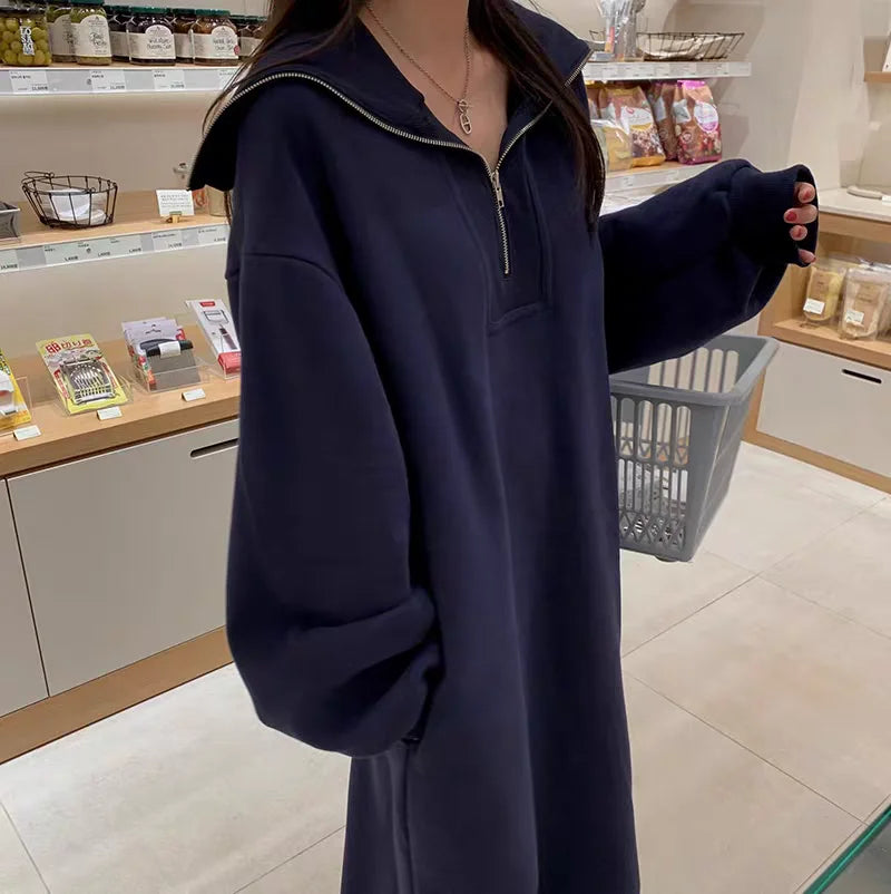Women’s Winter Collar Zip Dress – Loose Lazy Long Sleeve H-Line Polyester Dress with Zipper, Commute Casual Wear