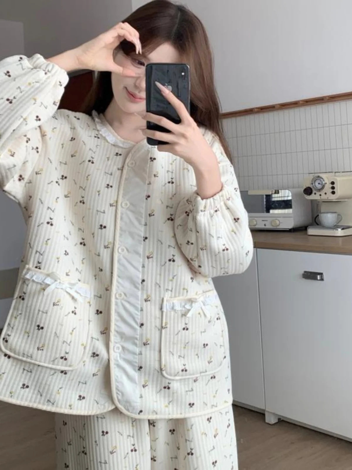 Women’s Cotton Sleepwear Set – Fleece-Lined Floral Print Long Sleeve Round Neck Home Leisure Suit