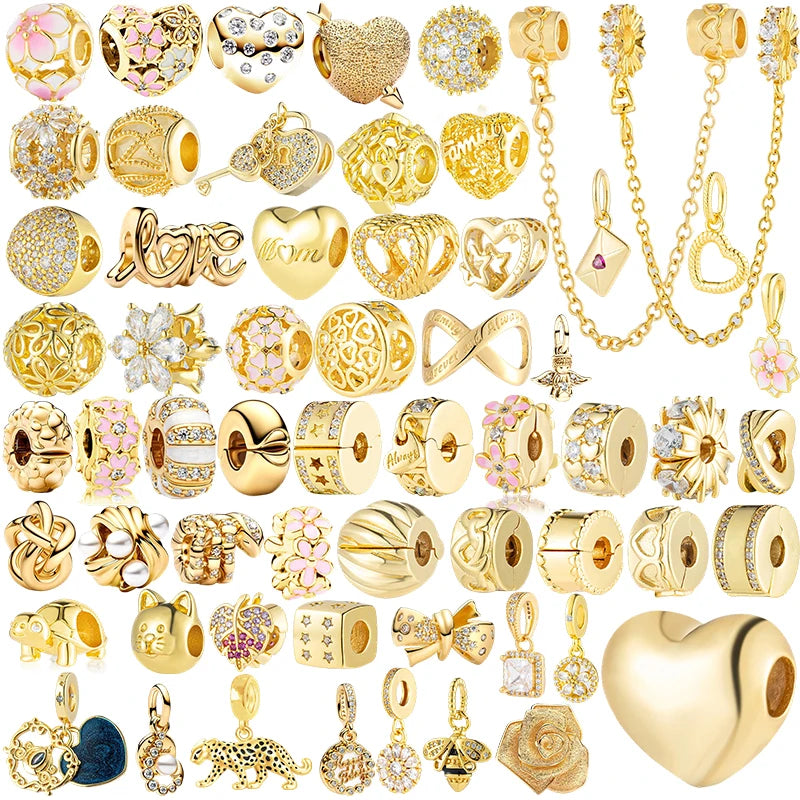 Sparkling Gold Plated Heart & Flower Clip Dangle Charm Beads | Fits Original Snake Bracelet & Necklace | DIY Jewelry Gift for Women