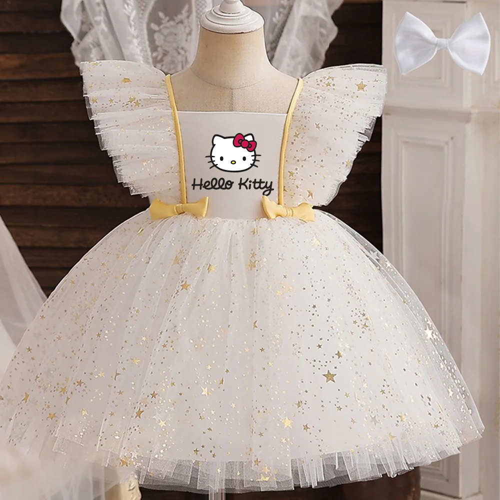 ✨ Hello Kitty Princess Dress for Girls 👑 Sequined Star Tutu Gown 🎀 Ruffle Bow Kids Party & Prom Dress
