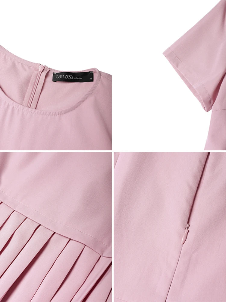 Women Pleated Dress 👗 Elegant O-Neck Short Sleeve Fitted Waist A-Line Knee-Length Dress 🌸 ZANZEA Fashion